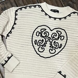 On 12th White Knit Sweater Heart Design Pattern Statement Black Trim Valentine L